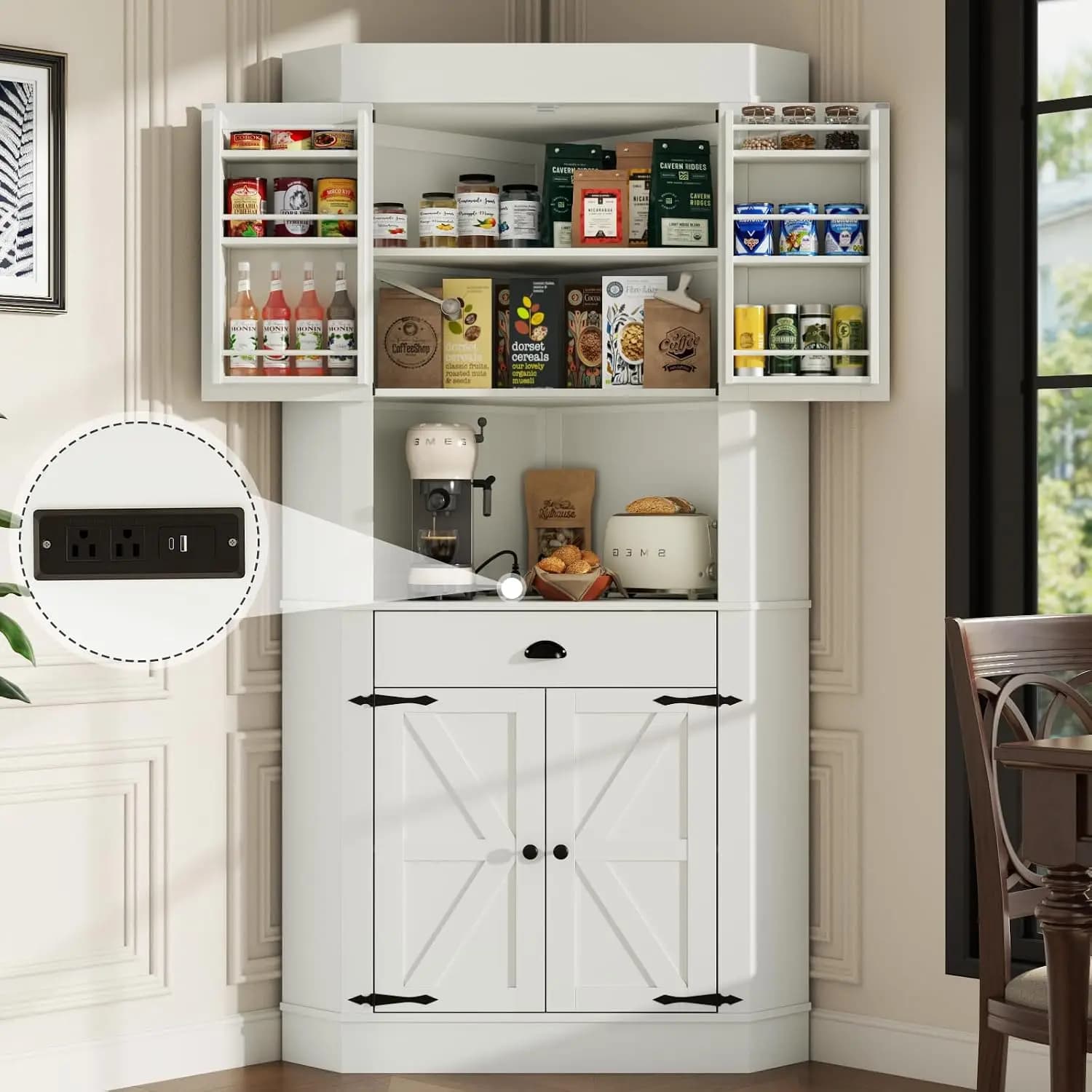 74" Corner Cabinet with Charging Station,Kitchen Pantry Cabinet with Drawer, Freestanding Kitchen Storage Cabinets