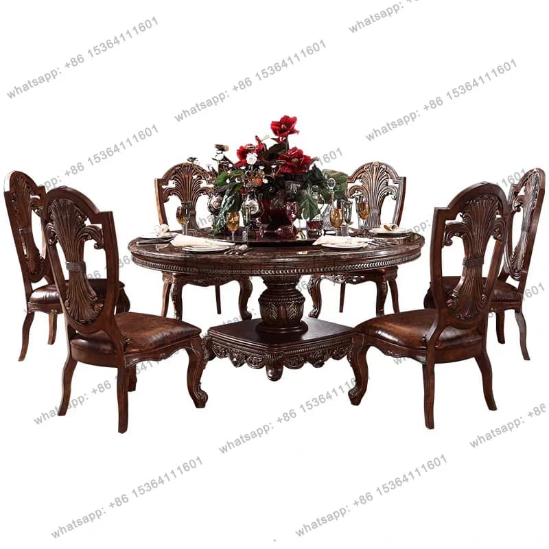 American solid wood carving flower round natural marble dining table furniture