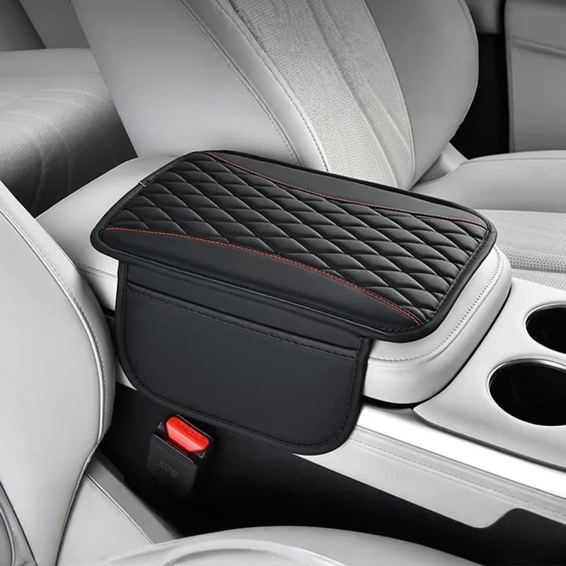 PU Leather Rhombus Pattern Car Center Console Armrest Box Protection Pad, Central Control Countertop Support Pad with Double Poc