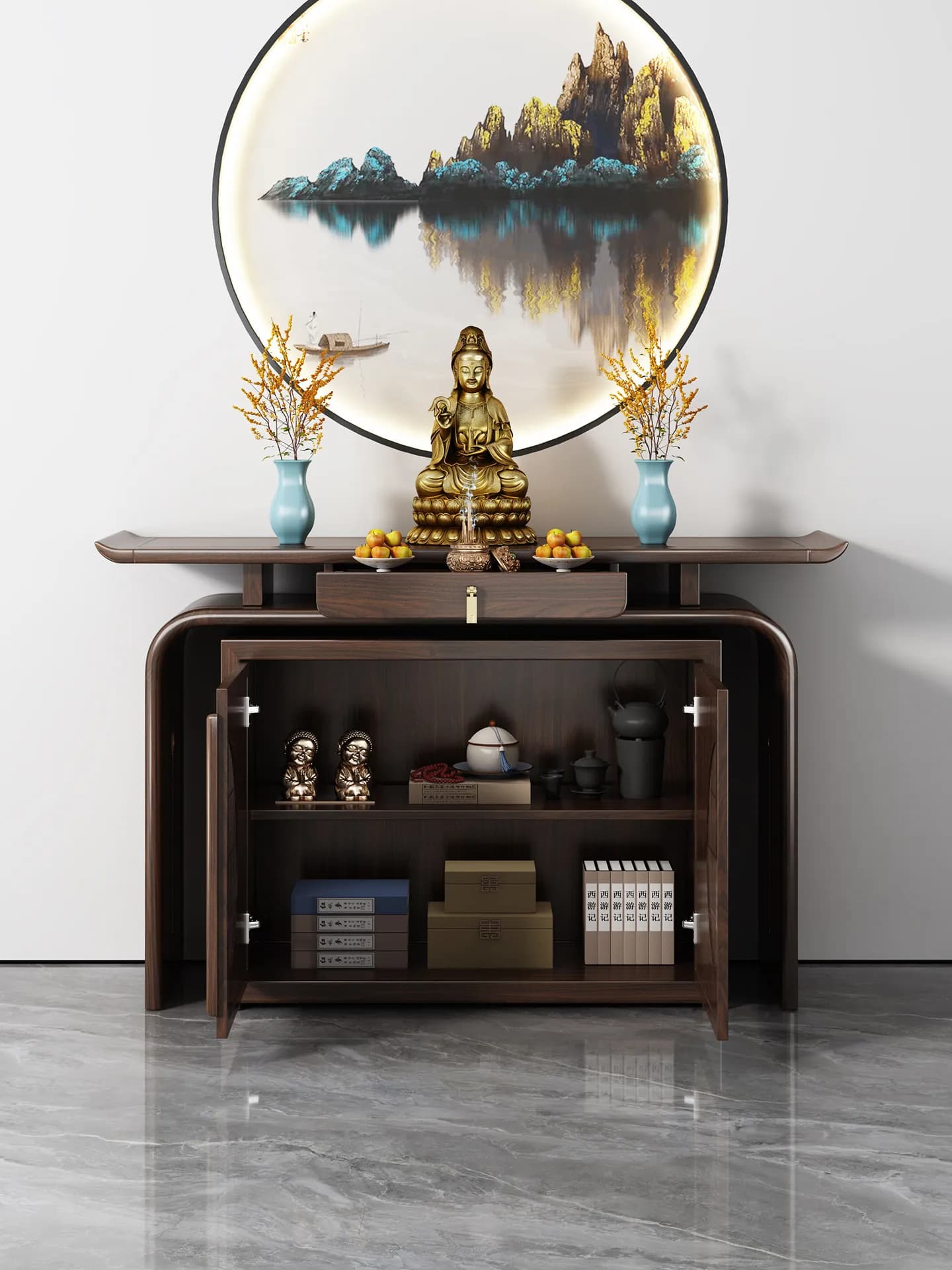 YFY New Chinese-style Offering Table Buddhist Hall Guanyin God of Wealth  Solid Wood  Shrine  Tai  Incense Case  Tai Gong Tai