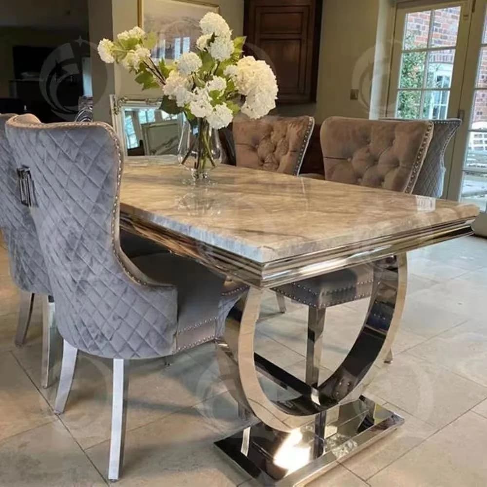 Marble silver stainless steel dining table and chairs living room hotel dining set one table with six chairs