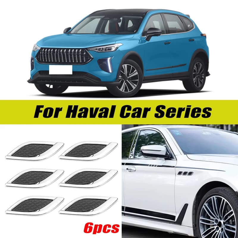 6Pcs Chrome / Black 3D Car Side Fender Air Vent Hood Scoop Outlet Cover Decorative Trim For Haval H6 H9 F7 F7x Jolion Dargo