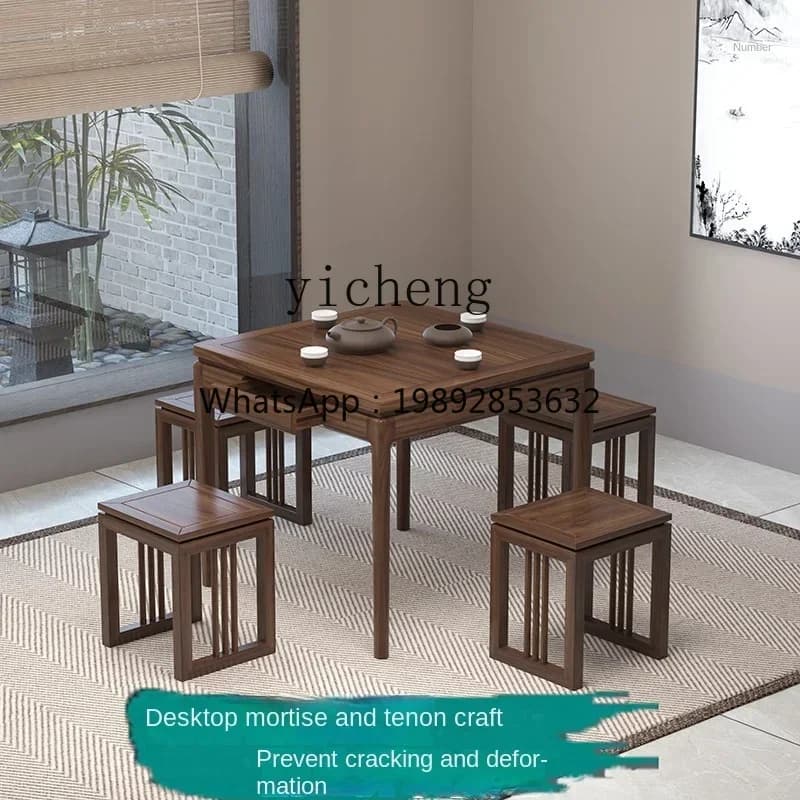 AB  Chinese Style Old Elm Old-Fashioned Square Table for Eight People Solid Wood Simple Square Dining Tables and Chairs Set