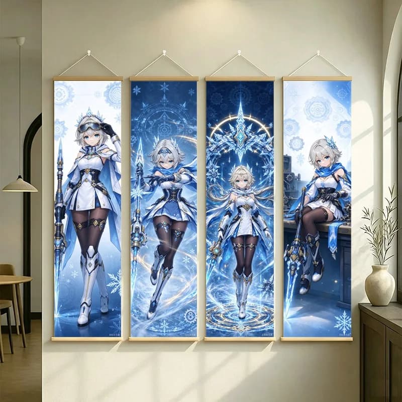 Anime Wall Art of Genshin Impact Original Cryo Characters with Blue Frost Motifs on Silver Shimmer Canvas for an Anime Bedroom