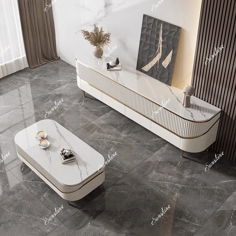 Modern light luxury living room, simple Italian-style slate tea table, floor cabinet, home use  FT
