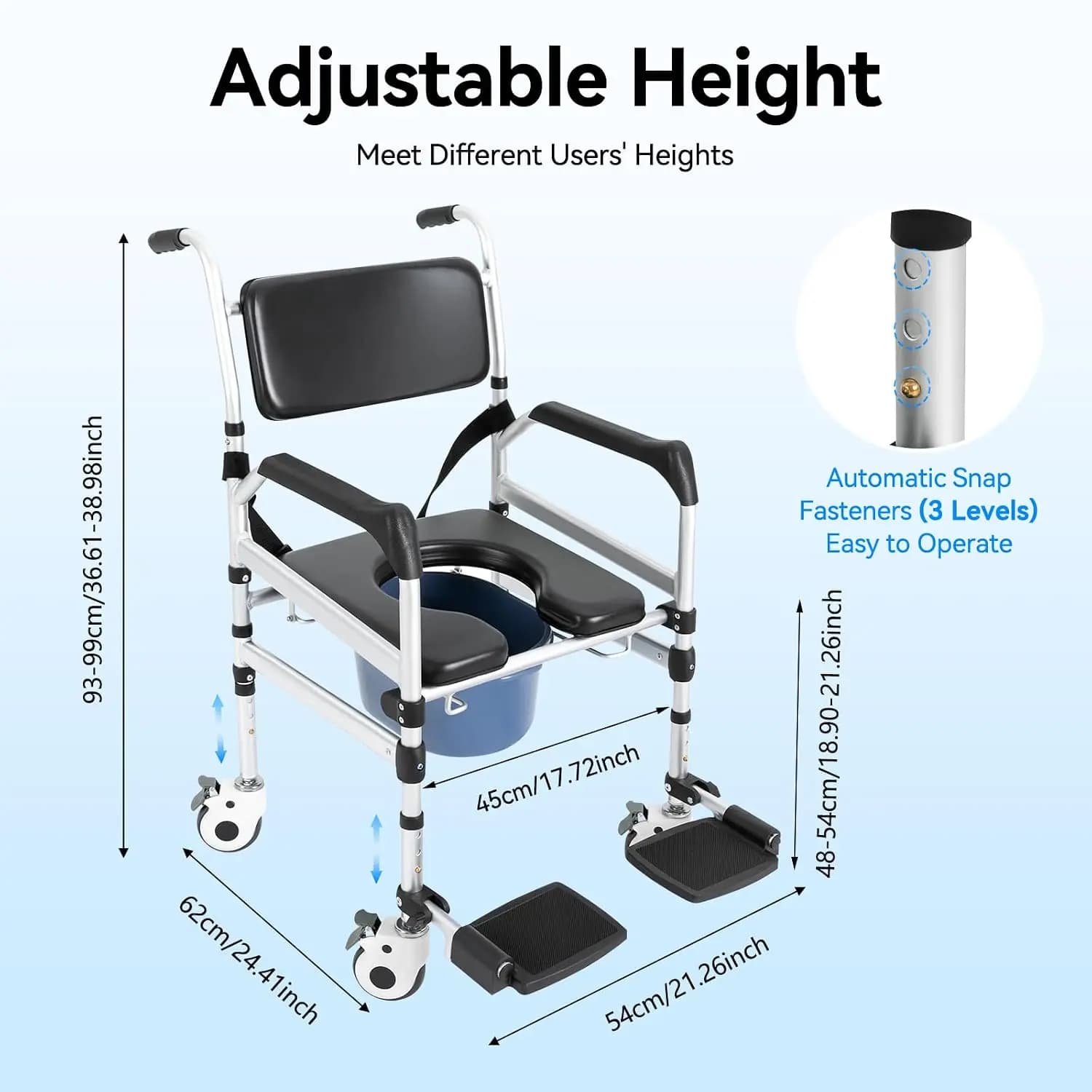 Shower Chair with Wheels, Rolling Commode Chair for Toilet with Arms, Adjustable Height Folding Bath Commodes for Inside Shower