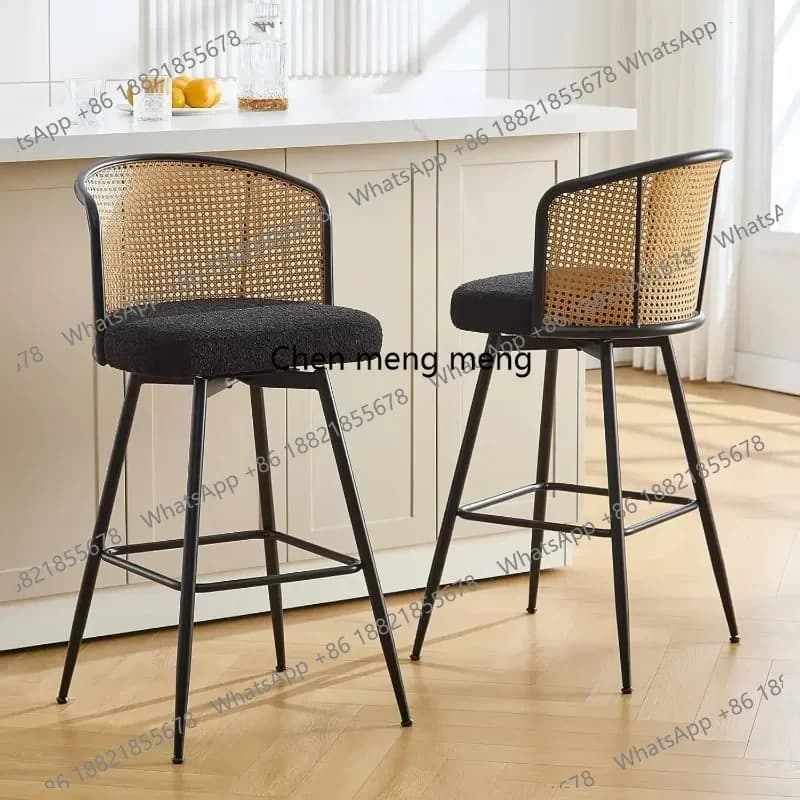 RR Swivel Counter Height Bar Stools Set of 3, 26" Mid-Century Modern Boucle Fabric Barstools with Rattan Back Metal Customized