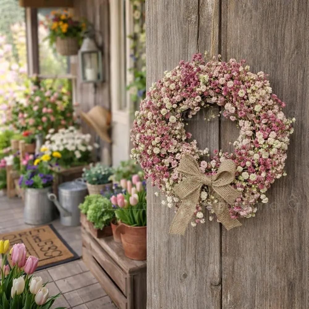 Round Shape Colorful Eucalyptus Wreath with Bow Lifelike Spring Flower Wreath Vivid Colors Handmade Simulated Plant Front Door