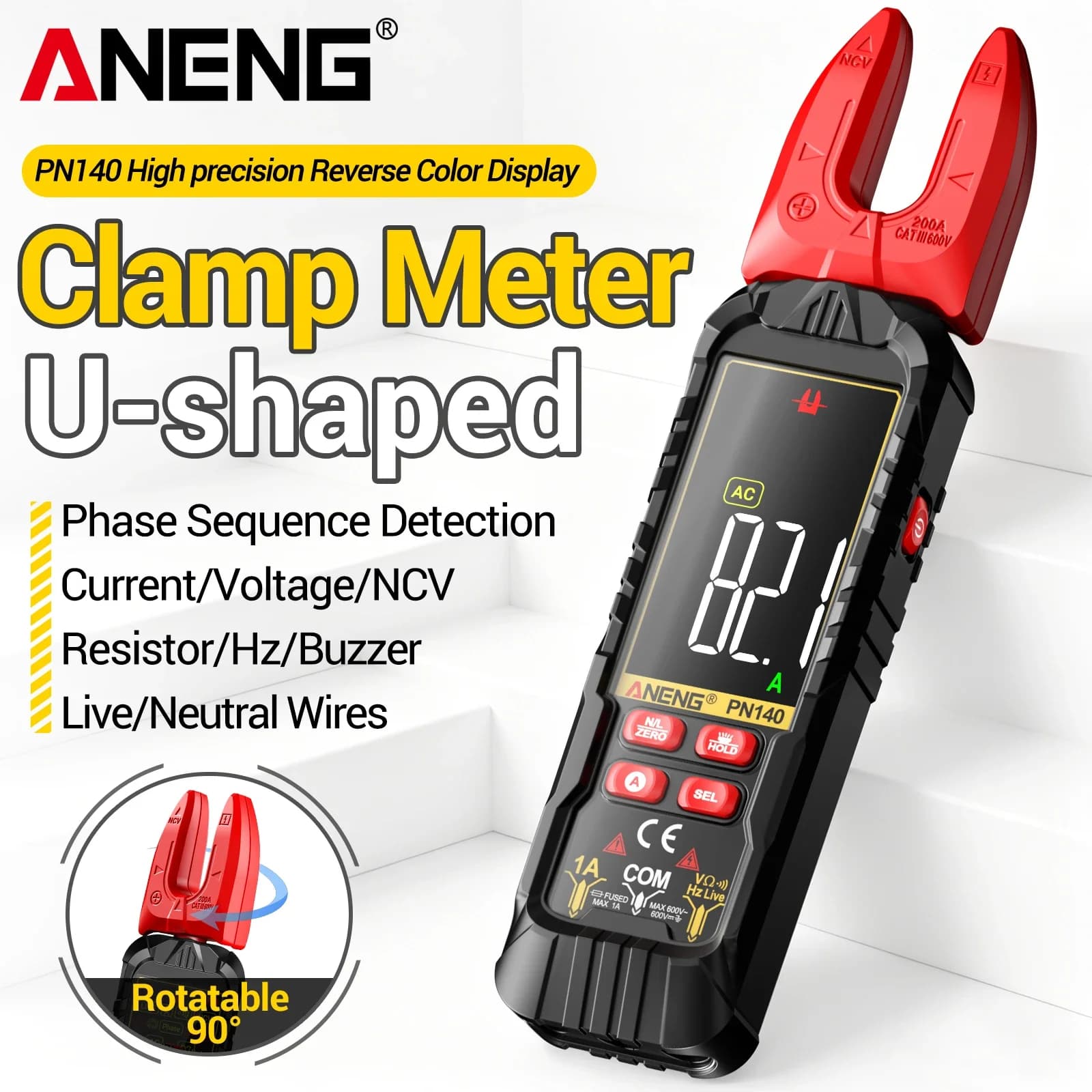 ANENG PN140 Clamp Multimeter 600V AC/DC 200A 90° Rotatable Jaw NCV Phase Seq Color VA Screen Anti-Burn Data Hold Electric Tester