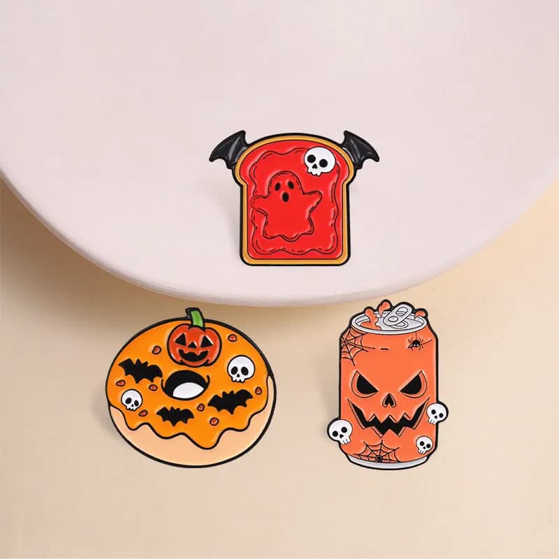 Halloween Funny Food Brooch Pumpkin Drink Toast Donut Metal Badge Cartoon Party Gift Pins DIY Clothing Bags Hat Scarf T-shirt