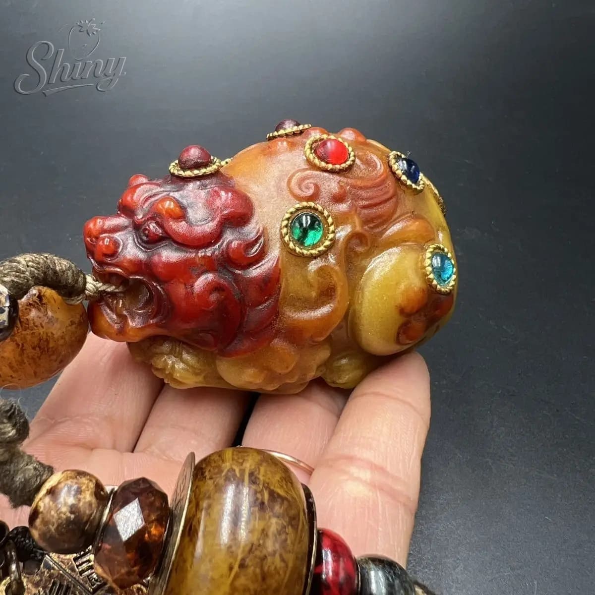 Antique Shoushan Stone, Tianhuang Stone, Pi Xiu Hand-held Piece with Inlaid Beads, Five Emperors Coins Bell Hand-held Piece