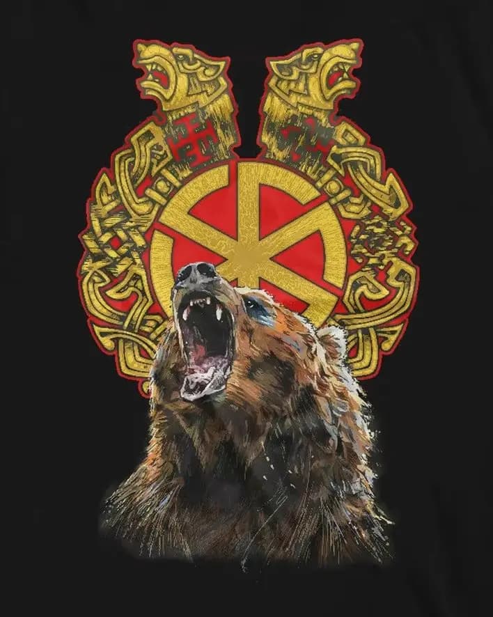 Slavic Kolovrat Sun Wheel and Bear Amulets Russian Orthodox T-Shirt. Summer Cotton Short Sleeve O-Neck Mens T Shirt New S-3XL
