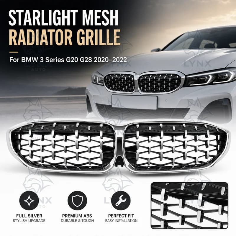 For BMW 3 Series G20 G28 2020-2022 Full Silver Starlight Mesh Radiator Grille Silver Frame Silver Dots Upgrade