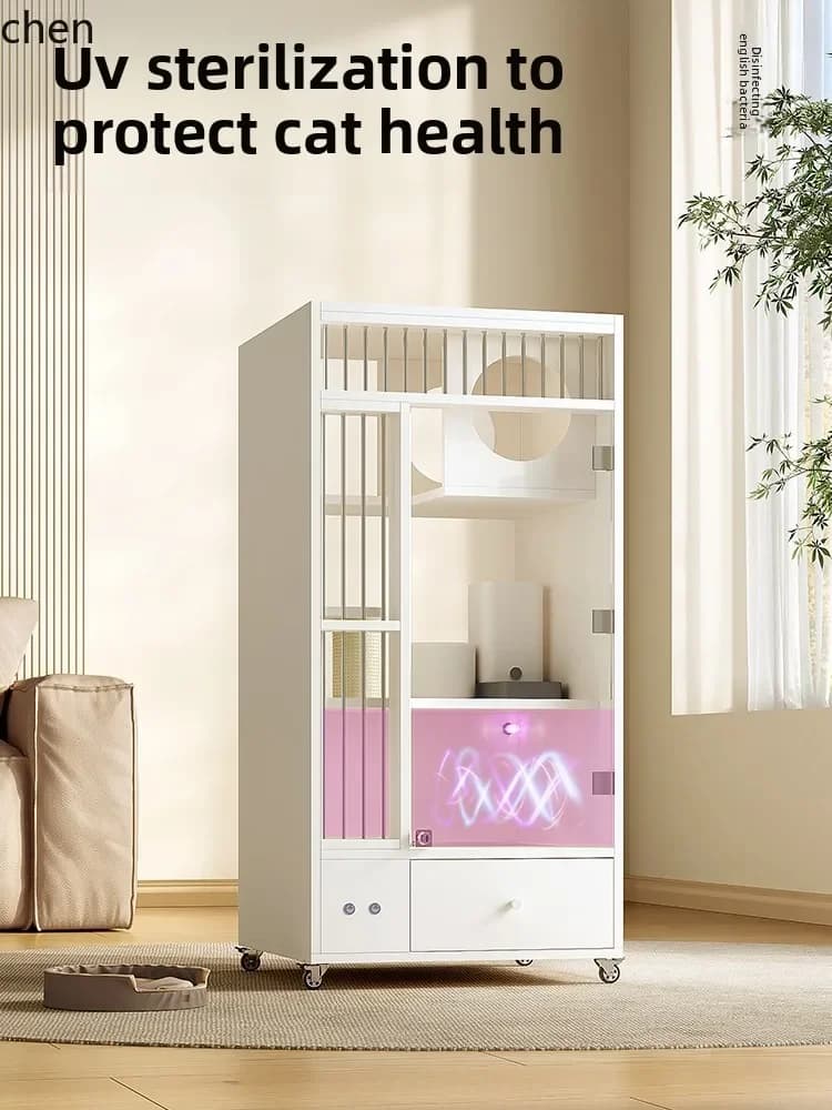 small apartment household does  an area of cat cage, solid wood cat cabinet with toilet, integrated panoramic glass cat room