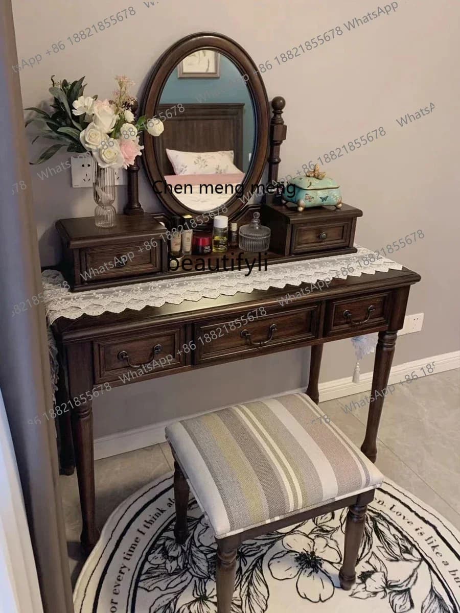 E153  American Country Solid Wood Dressing Table French Retro Makeup Table Small Apartment Bedroom Dressing Table with Storage B