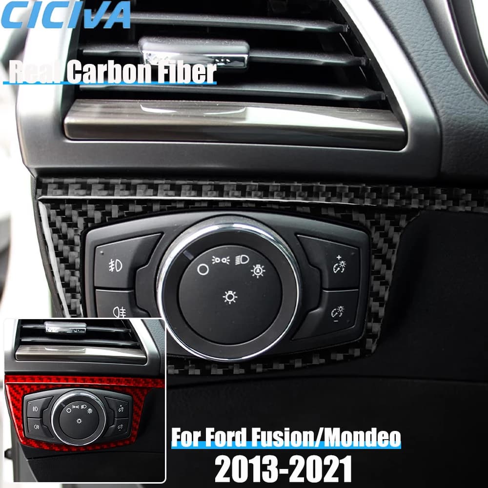 Real Carbon Fiber Car Accessories Headlight Switch Decorative Trim Cover Soft Sticker For Ford Fusion/Mondeo 4th Gen 2013-2021