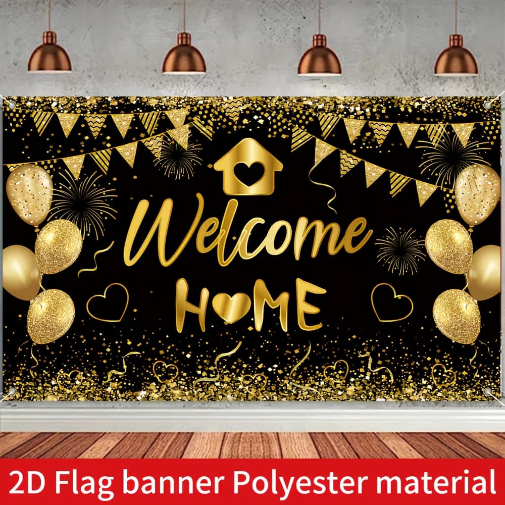 1pc 2D Flat Elegant Black & Golden Welcome Home Photo Background Banner - 70.8x43.3 Inch Polyester Party Backdrop With Festiv