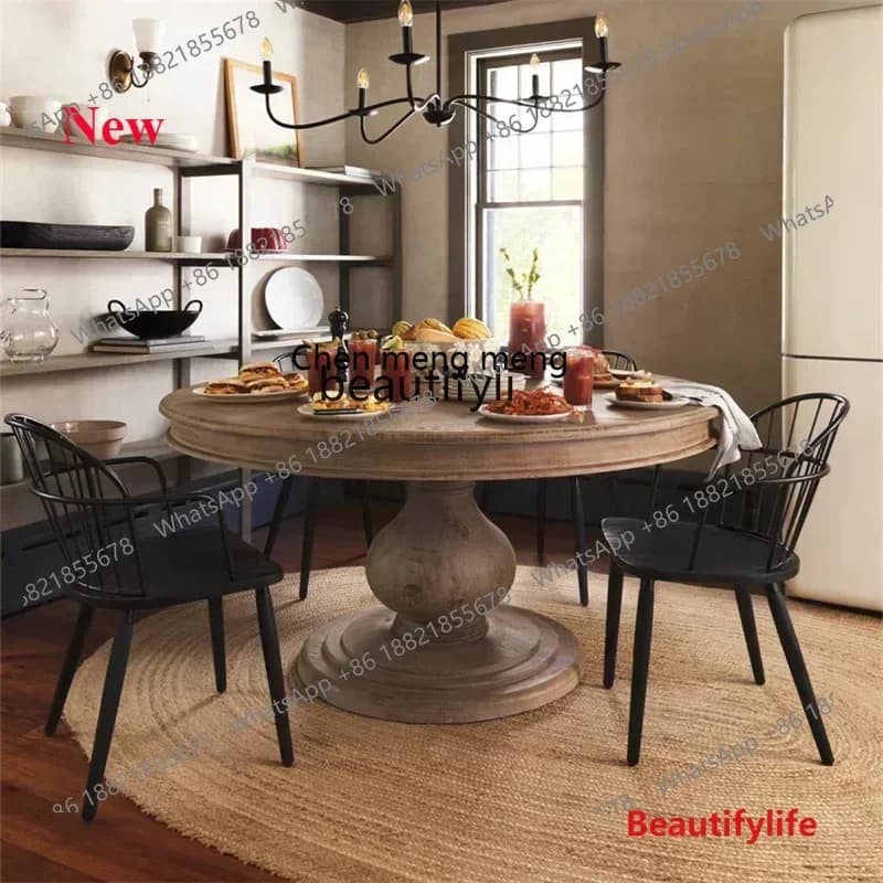 cn8350 LHY ss8617 Solid wood dining table round table household ash wood round dining table American retro 1.2 meters log restau