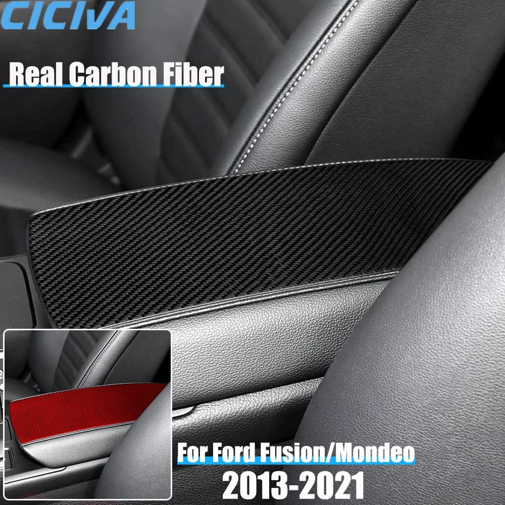 Real Carbon Fiber Car Accessories Center Armrest Panel Trim Cover Soft Sticker For Ford Fusion/Mondeo 4th Gen 2013-2021