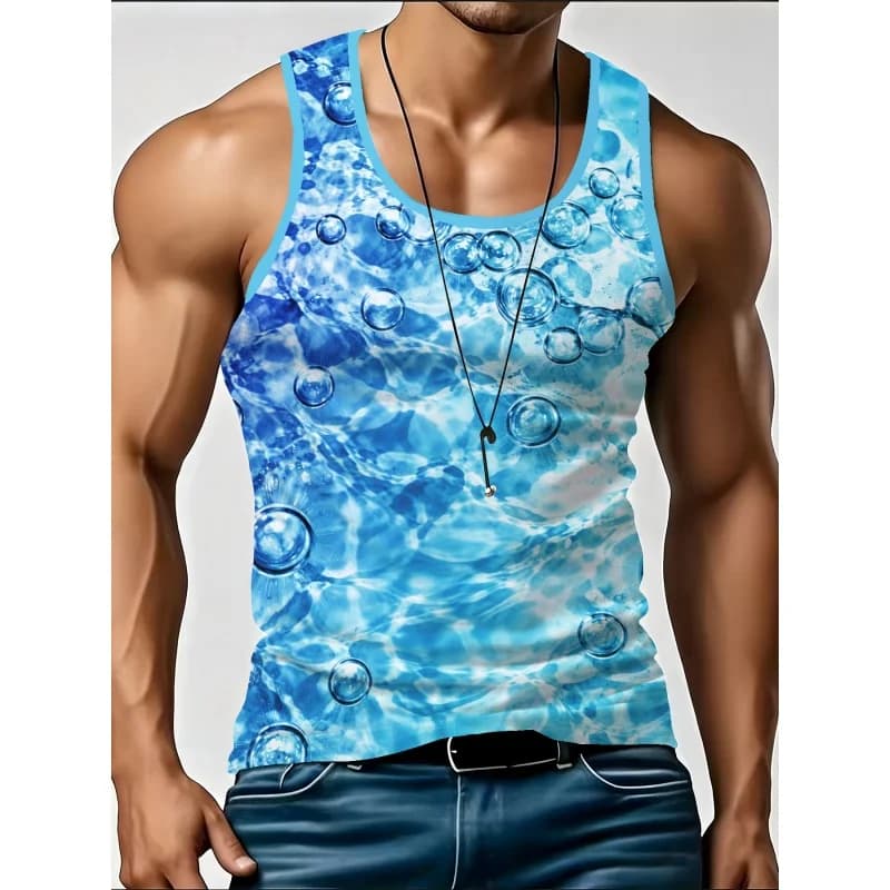 Men's 3D Water Bubble Print Tank Top Summer Sleeveless Gym Vest, Casual Workout Muscle Tee, Fashion Beach Sport Sleeveless Shirt
