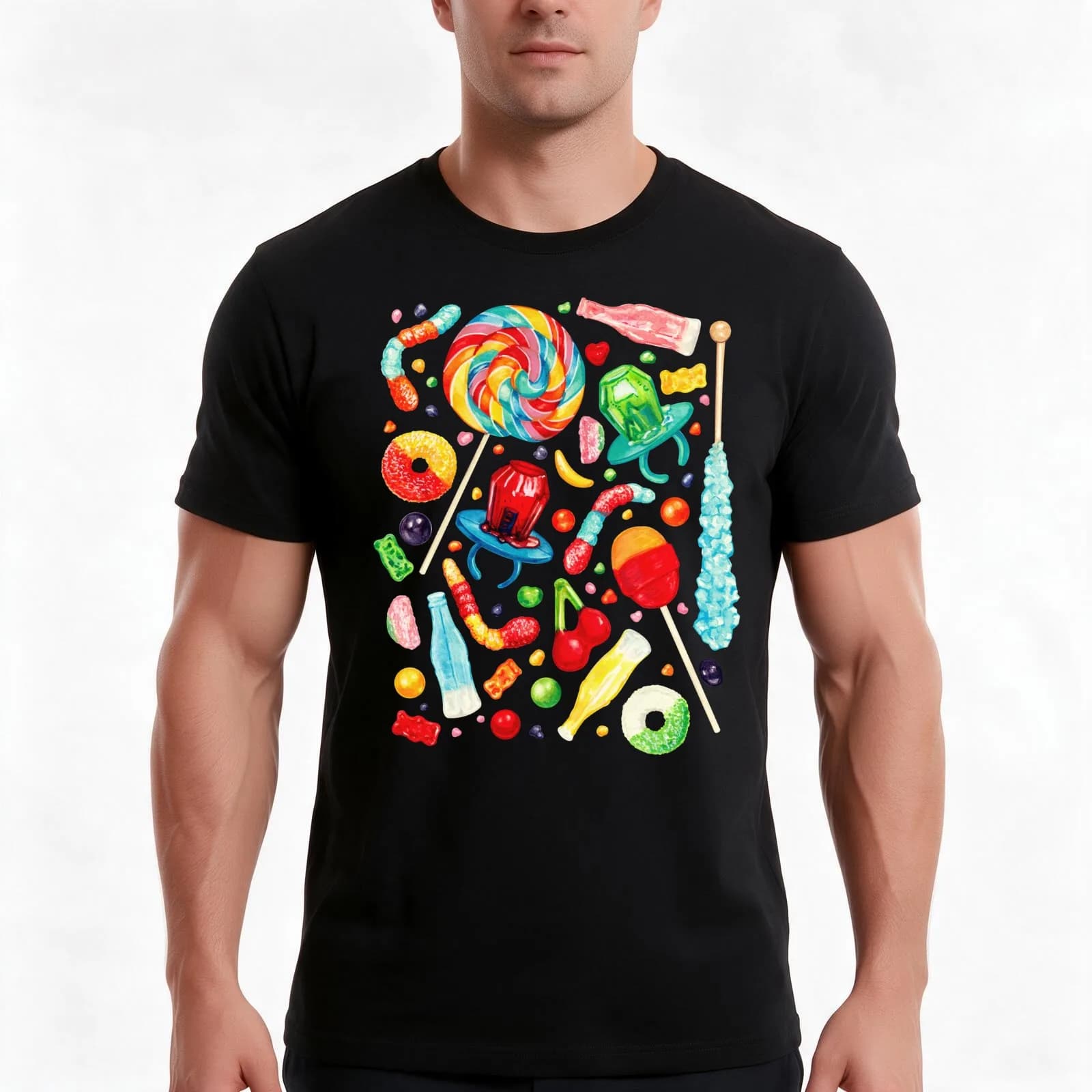 Candy Pattern - Purple T-Shirt, Summer Casual Cotton Tee, Oversized Streetwear Tops, Vintage Graphic Print, Unisex Men Women