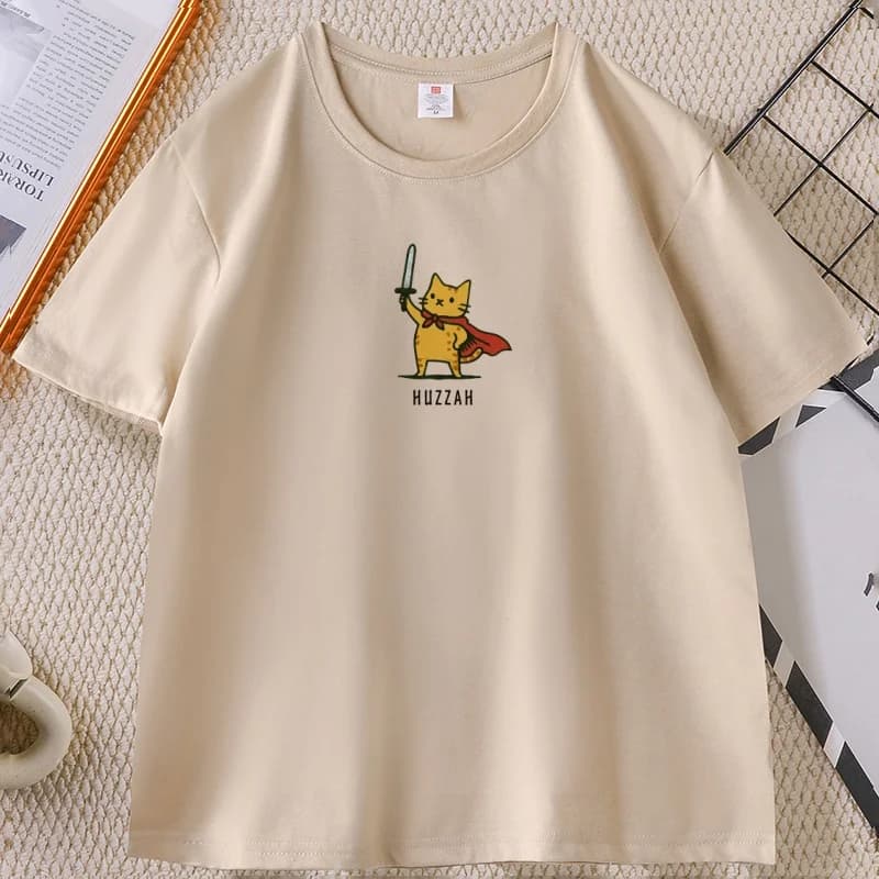 Huzzah Cat with Sword T Shirt Gaming Gamer Geek T-shirt Vintage Cotton Short Sleeve High Quality Tshirt Unisex Mens Clothing
