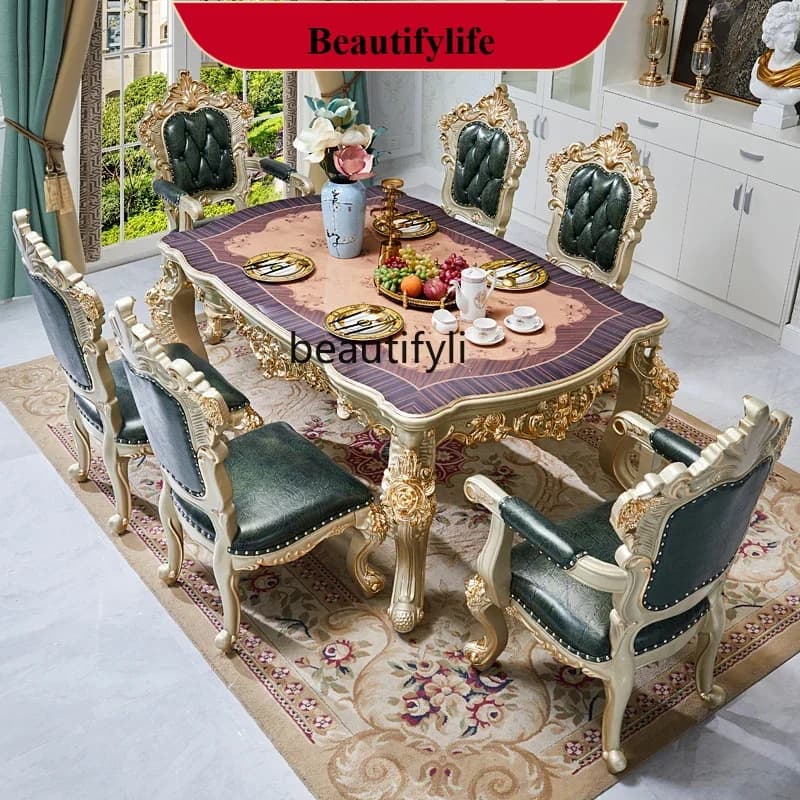 z183  European marble dining table, American luxury, square table full wood carving flower 1.6 meters champagne gold dining t