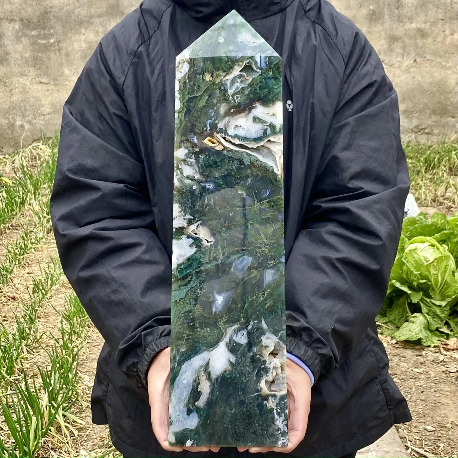 Large Moss Agate Crystal Tower, Natural Crystal Wand, Reiki Healing, Large
