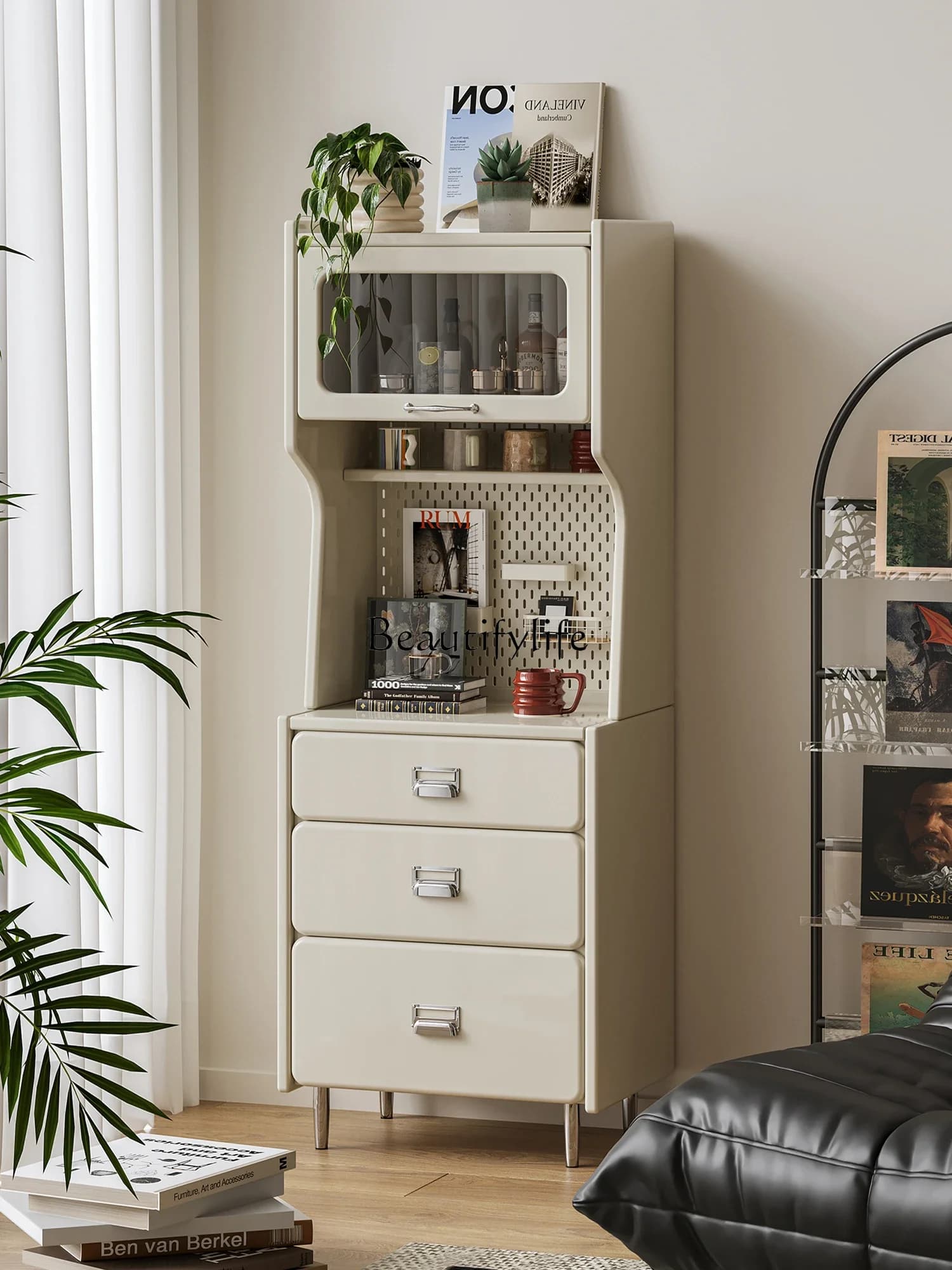35-*Cream narrow coffee cabinet side rack against the wall household
