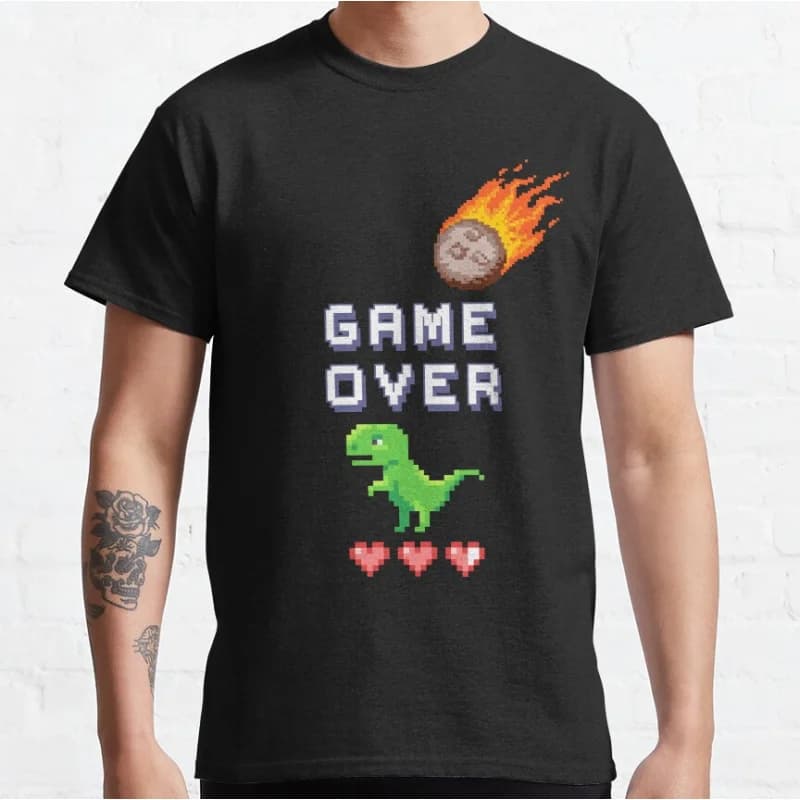 Game over Funny offline t rex 90s cartoon pixel video game dinosaur T-shirt for men large size Adult Tops S-6xl