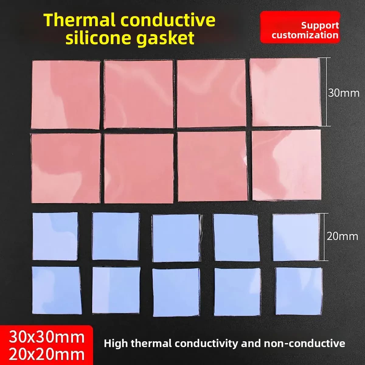 6W/m·K Thermal Conductivity Silicone Heat Pad Red Blue Grey, 20×20/25×25/30×30mm CPU Thermal Cooling Silicone Pad