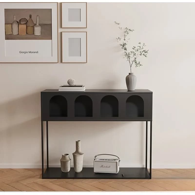 French entrance front door porch table wrought iron wall decorative shelf, very narrow aisle cabinet, minimalist view table