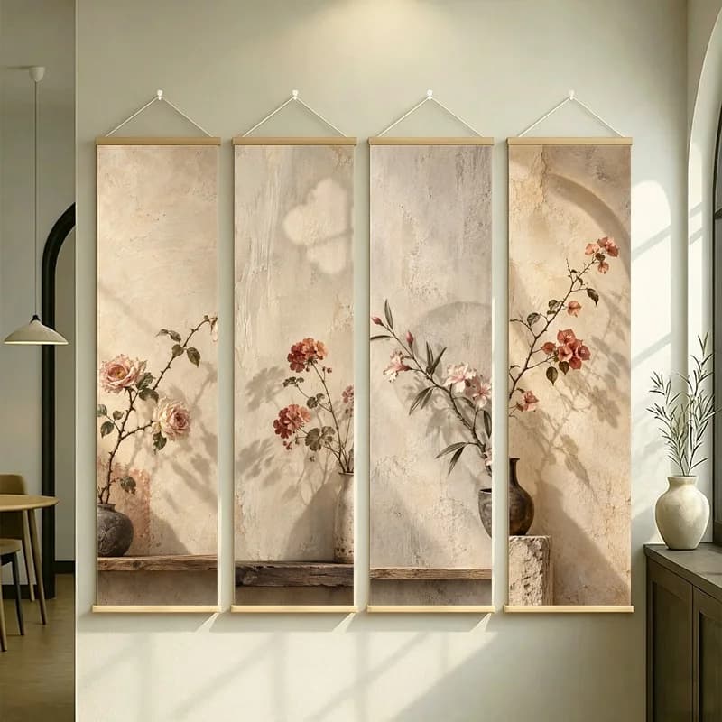 Wall Decor Bougainvillea Oleander Rose and Geranium, Wabi Sabi Floral Pearlescent Canvas Hanging Scroll for Living Room