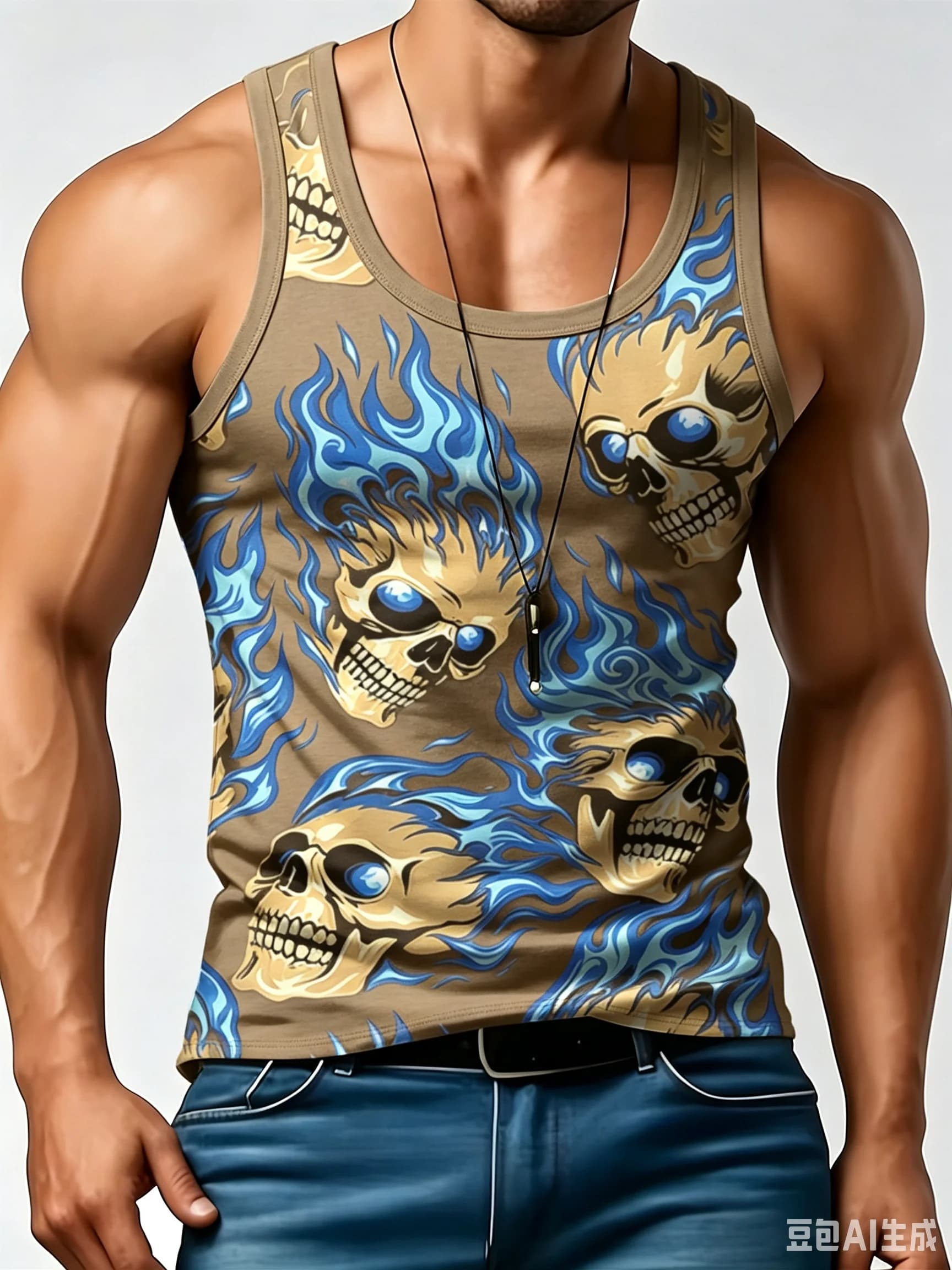 Gothic Blue Fire Skull Graphic Tank Top Men All Over Print Sleeveless Summer Workout Street Quick drying thin style Vest