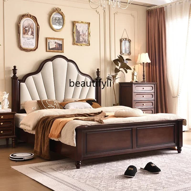 X Medieval soft bag solid wood, double bed, retro fabric bedroom furniture