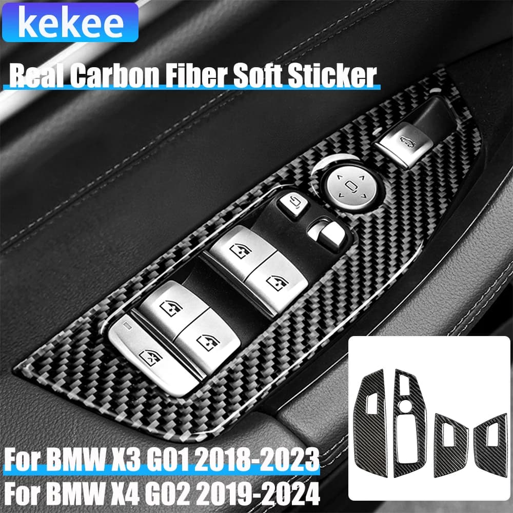 Real Carbon Fiber Car Accessories Window Lift Control Decorative Cover Soft Sticker For BMW X3 G01 2018-2023 X4 G02 2019-2024
