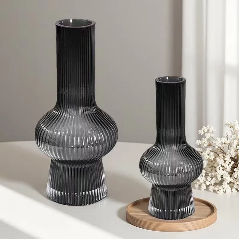 Amber Glass Striped Edge Hydrophilic Vase, Home Living Room Dining Table Decoration, Desk Flower Arrangement Vase