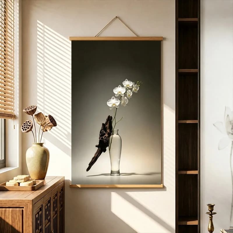 Home Decor Items White Porcelain Vases and Solitary Blossoms, Wabi Sabi Decor Pearlescent Canvas Hanging Scroll for Tea Room