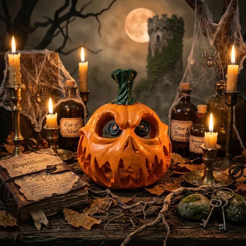 New Halloween Pumpkin Resin Statue, Hollowed Decorative Figurine for Home Desk Centerpiece, Gift & Festive Tabletop Ornament