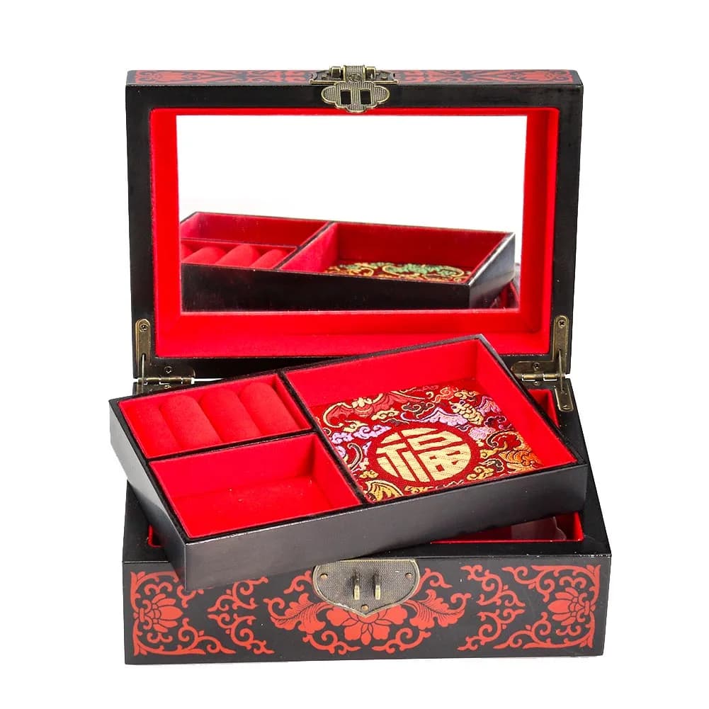Chinese Traditional Lacquer Box Wooden Vintage Wedding Makeup Jewellery Box Gift Packaging Hand-painted Storage Home Decoration