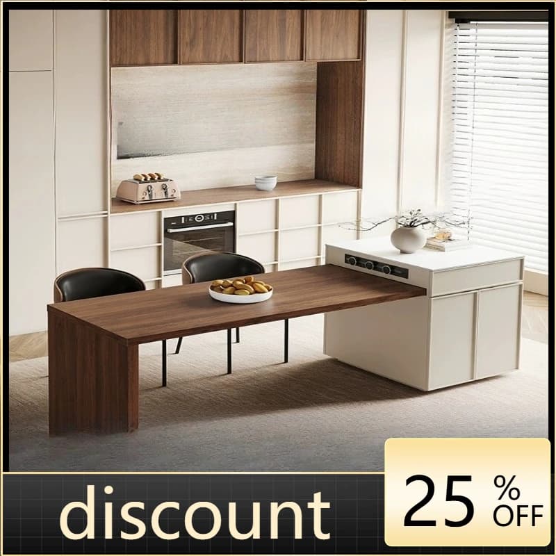 LH medieval style island table integrated retractable belt wheel walnut retro rock slab middle island cabinet