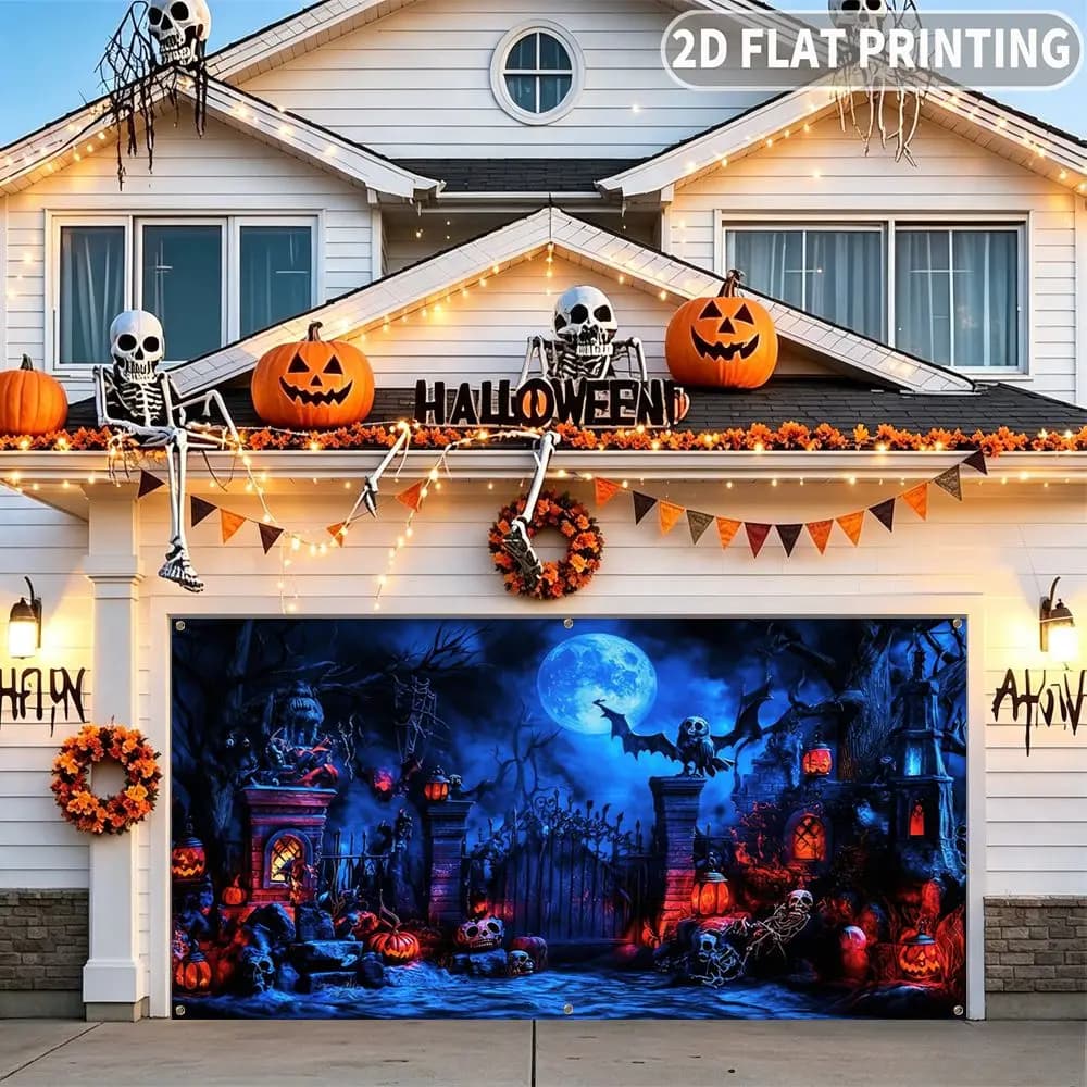 1pc 2D FLAT Halloween Party Garage Banner, Spooky Halloween Gate With Pumpkins Pattern, No Power Need, for Garage Door Decor