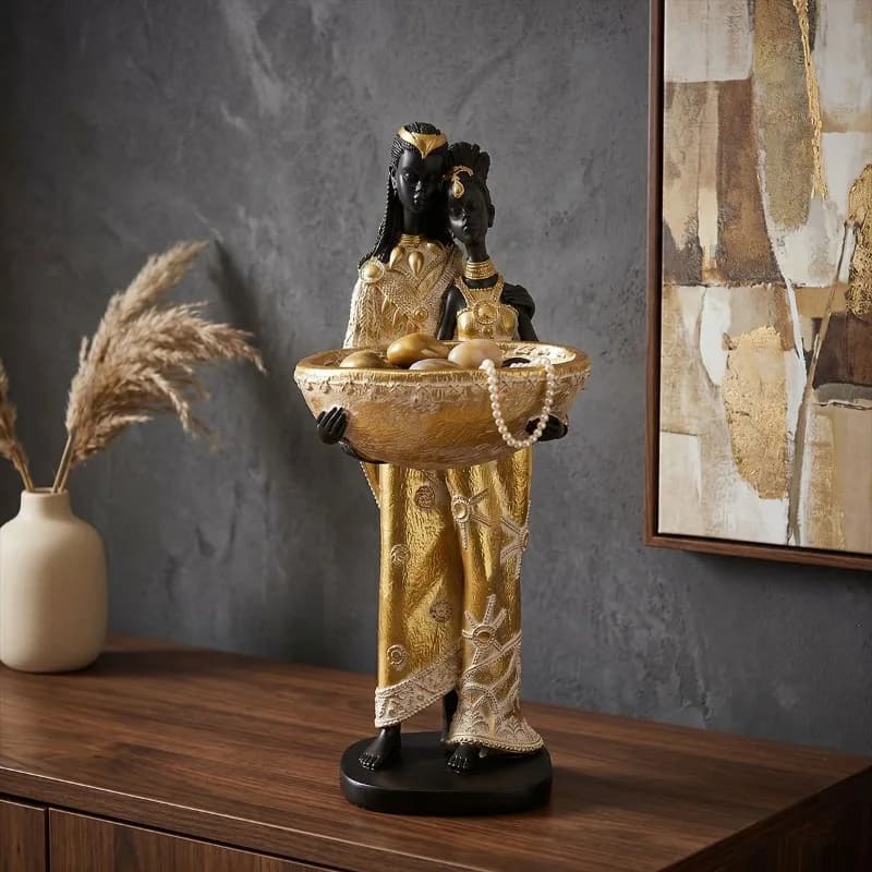 Organize African Couple Sculpture Ornaments, Creative Home Resin Crafts with Trays, Living Room and Study Decoration Sculptures