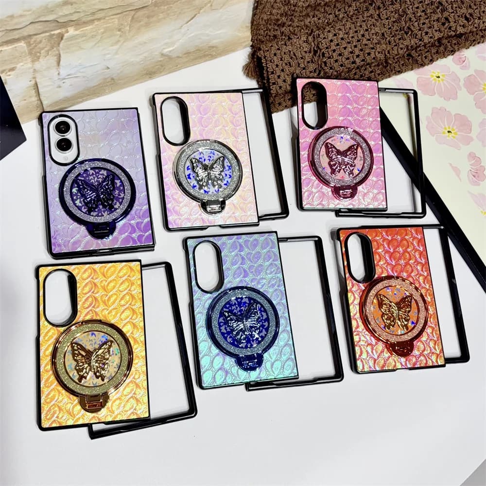 Y2K Dreamy Shiny Butterfly Kickstand Phone Case for Samsung Galaxy Z Fold 8-5 Shimmer Iridescent Scale Texture Protective Cover