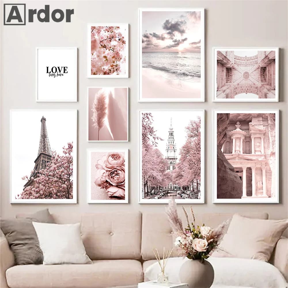Pink Reed Flower Tower Paris Car Beach Wall Art Canvas Painting Nordic Posters And Prints Pictures For Living Room Home Decor