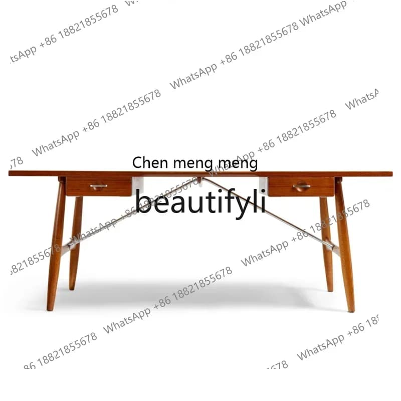zq1Solid wood desk retro all solid wood writing desk stainless steel office Nordic dining table