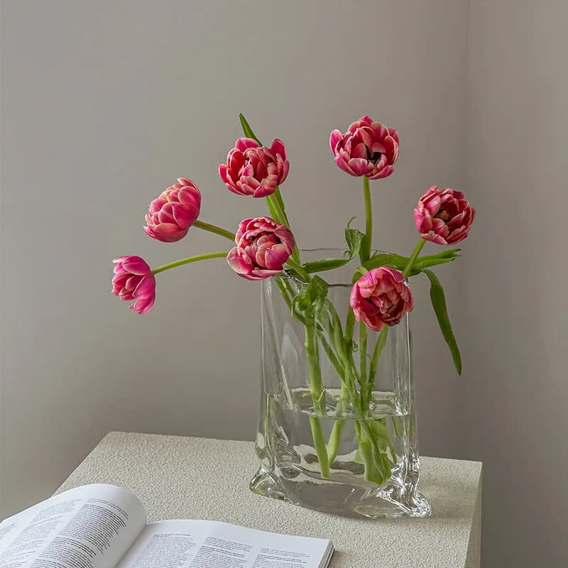Ins Style Pleated Bag Shape Glass Vase Luxury Clear Hydroponic Flower Vase Large Living Room Decor Ornament
