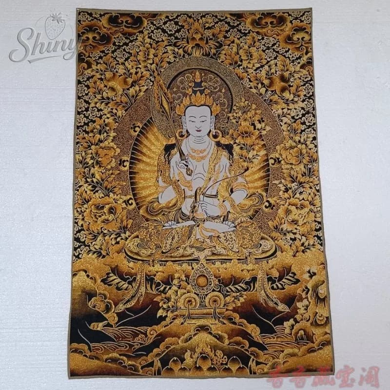 35.4″ Bodhisattva Akasagarbha Brocade Tibetan Tangka Embroidery Painting Gold Thread Embroidery Decorative Hanging Pictures
