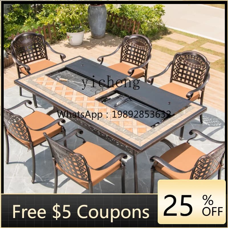 Outdoor Desk-Chair Outdoor Cast Aluminum Garden Electric Baking Carbon Baking Leisure Balcony Barbecue Table and Chair
