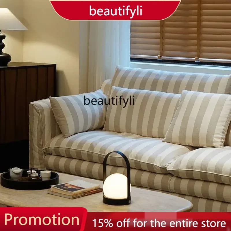 New Pastoral Style Sofa Wabi-Sabi Style Vintage Style Extra Wide Deep Seat Linen Straight Row Fabric Sofa 4109
